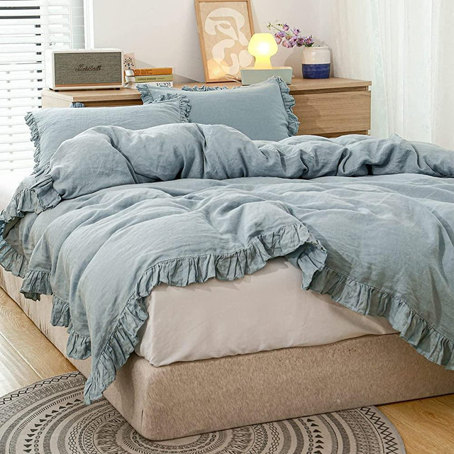 Simple&Opulence 100% Washed French Linen Duvet Cover Set-104''x92'' King Size-3 Pieces Boho Vintage Ruffled Farmhouse Bedding 1 Comforter Cover 2 Pillowshams Floral Frill Flax Sets,Dusty Blue