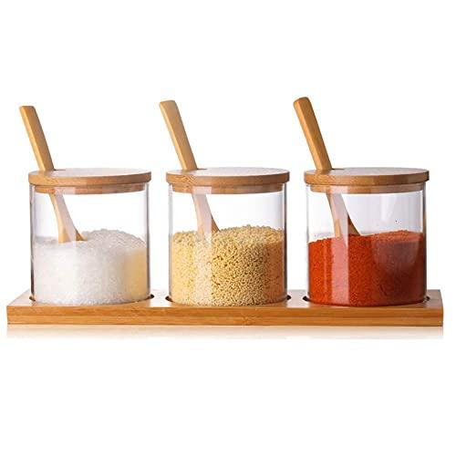 Condiment Container Seasoning Box Set Glass Condiment Canisters Pots with Wooden Spoon Lid and Base