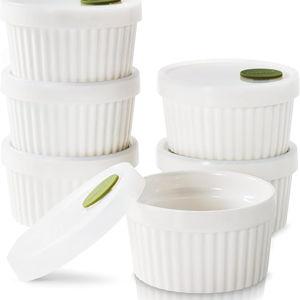 DOWAN Ramekins with Silicone Lids 6 oz, Creme Brulee Ramiken Oven Safe, Ceramic Baking Bowls Souffle Dishes, Custard Cups Charcuterie Boards Bowls Dipping Sauces, Set of 6, White
