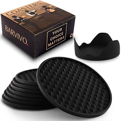 Barvivo Drink Coasters Set of 8 /w Holder - Tabletop Protection for Any Table Type, Wood, Granite, Glass, Soapstone, Sandstone, Stone Tables - Perfect Soft Coaster Fits Any Size of Drinking Glasses.