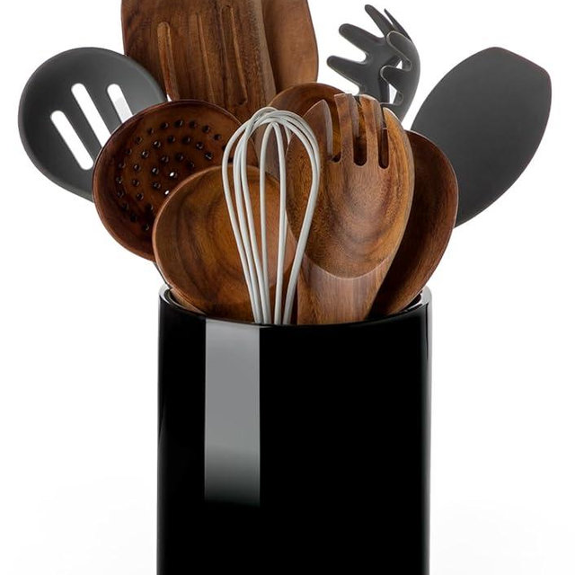 Nucookery Utensil Holder, 6.4" Ceramic Kitchen Utensil Holder with Countertop-Protection Cork Bottom, Farmhouse Kitchen Decor for Counter (Black)