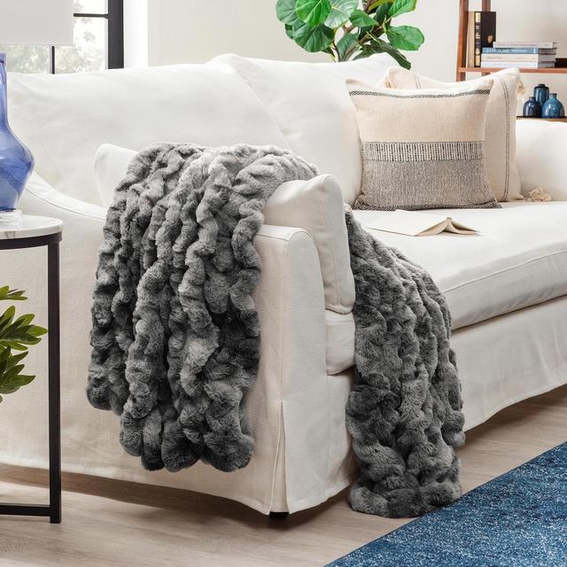 Chanasya Ruched Faux Fur Throw Blanket - Reversible Mink Blanket - 92" x 85” - Dark Gray