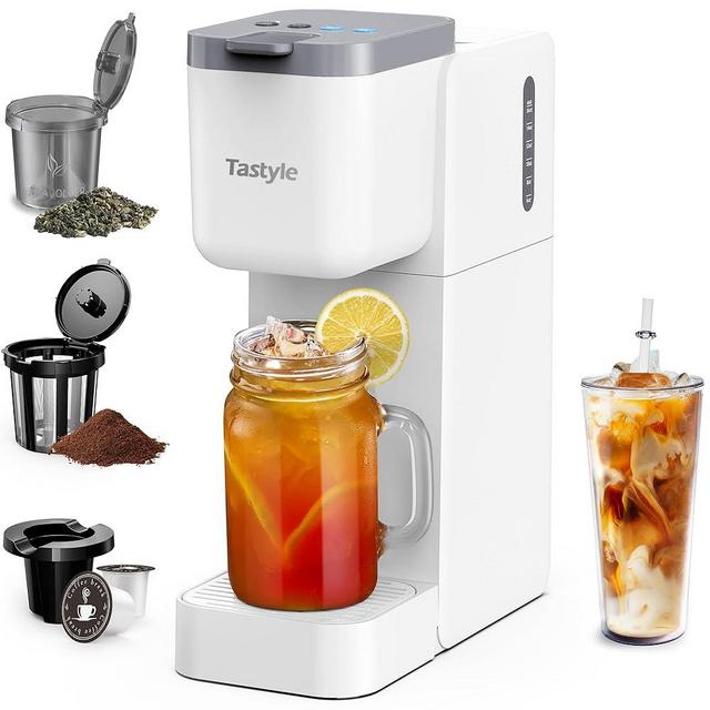 Tastyle Coffee and Tea Maker, 3 in 1 Single Serve Brewer for K Cup, Grounds & Tea, Hot and Iced Coffee Maker with 4 Brew Styles and 16oz Water Reservoir, Fits 7.3'' Travel Mugs, White