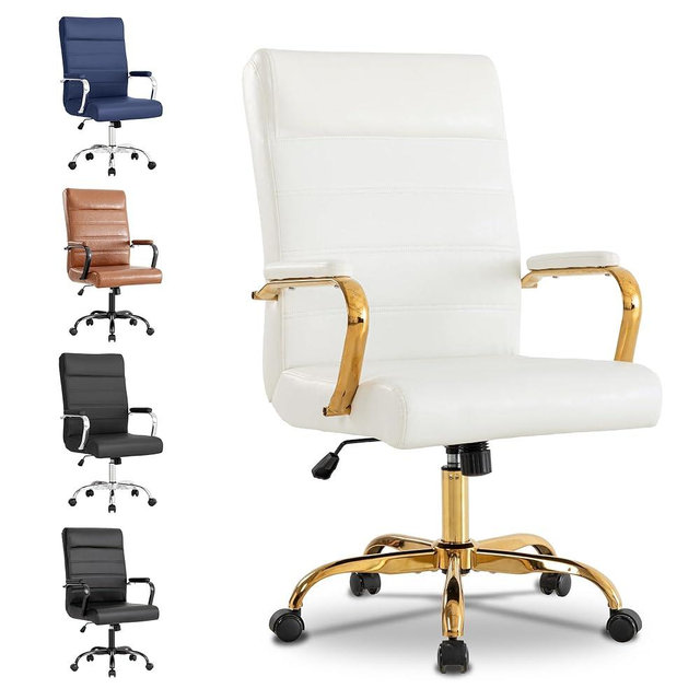 BOWTHY White and Gold Office Desk Chair, Modern Leather Conference Room Chairs, High Back Ergonomic Home ofiice Chair, Adjustable Height Swivel Executive Computer Chair with Padded Seat and Armrest