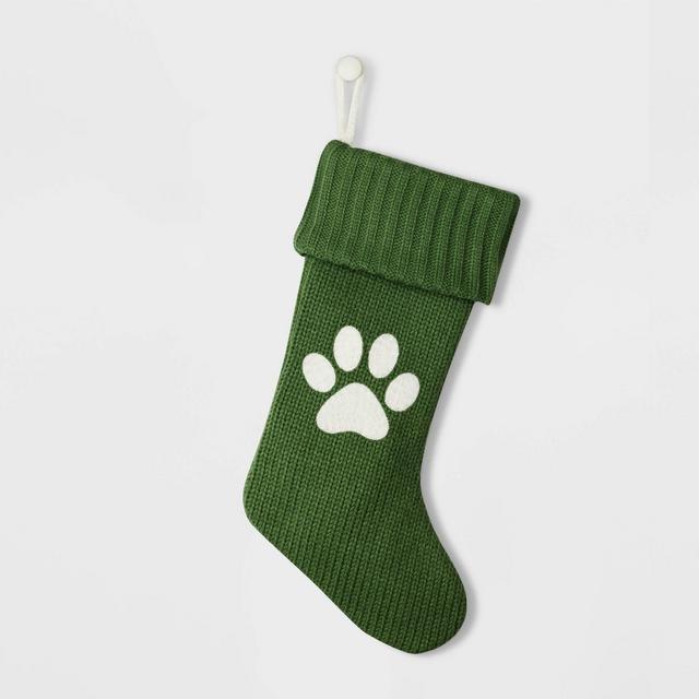 Knit Monogram Christmas Stocking Green Paw Print - Wondershop™