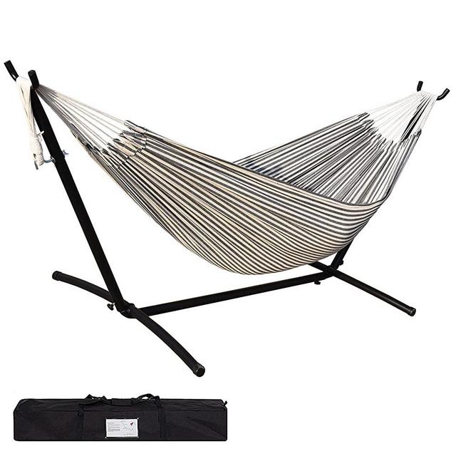 Prime Garden 9' Double Hammock with Space Saving Steel Hammock Stand (Black Stripe)