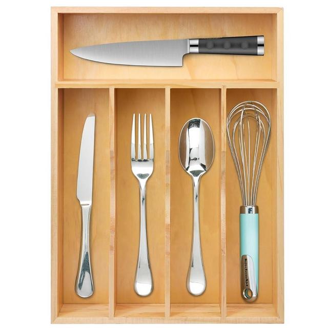 MapleGrace Bamboo Silverware Drawer Organizer - 5 Slots Wooden Silverware Organizer Tray, Utensil Drawer Organizer for Drawer, Kitchen Storage for Flatware, Forks, Spoons, Knives