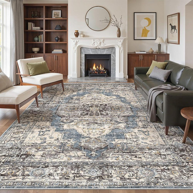 befbee 9x12 Area Rugs for Living Room,Ultra-Thin Washable Rug, Non-Slip Lightweight Foldable Area Rug, Stain Resistant Vintage Large Rugs(Blue/Black,9'x12')