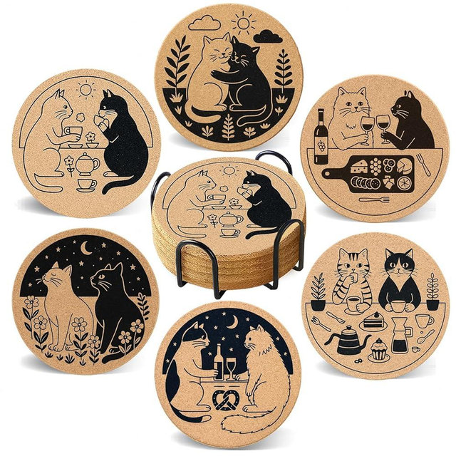 Cegkuc Coasters for Drinks with Holder Set of 6, Cat Cork Coaster Absorbent for Office Desk Table Coasters Kitchen Decor House Warming Gifts for New Home Couples, Round 4"
