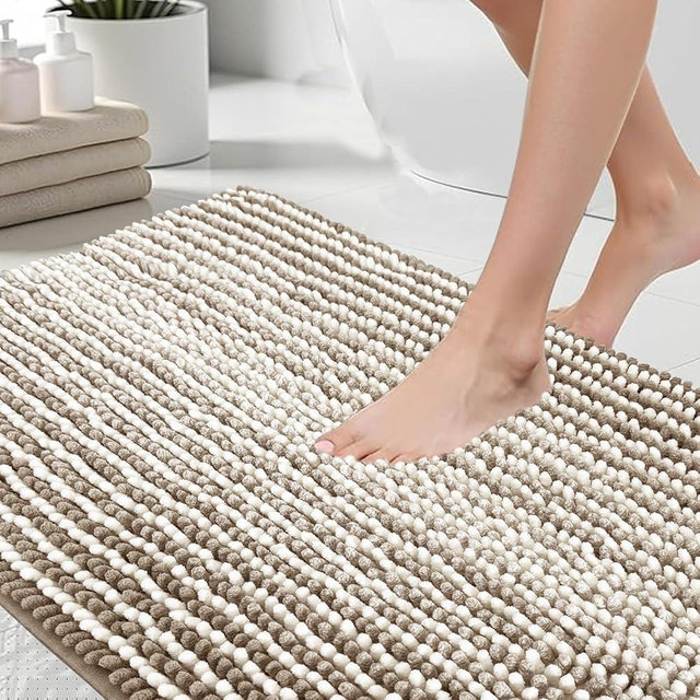 HDFK Bath Mat & Bathroom Rug - Machine Washable Soft Chenille Shower Carpet, Maximum Absorbency Non-Slip with Odorless Hot Melt Base, Slim Striped Design for Bathtub Floors (24x16 Inch, Tan & White)