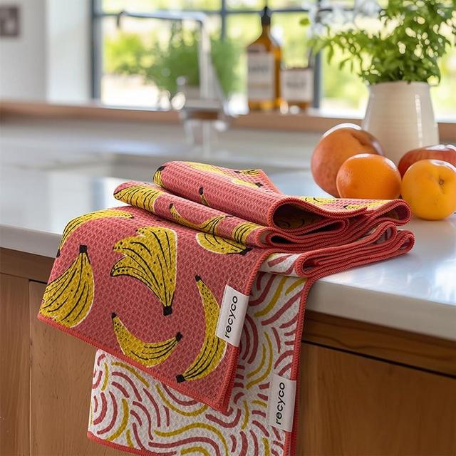 RECYCO Waffle Kitchen Towel Set of 2 - Quick Dry Microfiber Sustainable Dish Towels - Ultra Absorbent Reusable Cleaning Tea Towels - Lightweight Hand Towels,16”x 28”, Banana Joy