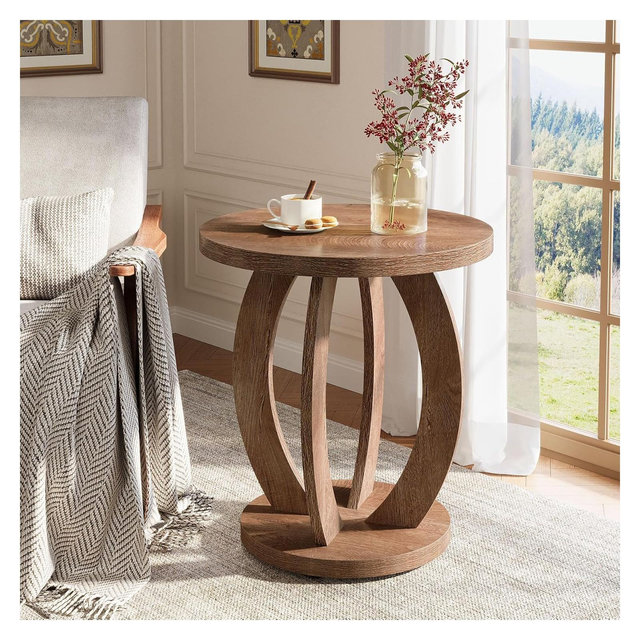 Lantine Round End Table with Storage, Farmhouse Nightstand or Accent Table for Living Room, Bedroom, Rustic Brown Wooden Side Table