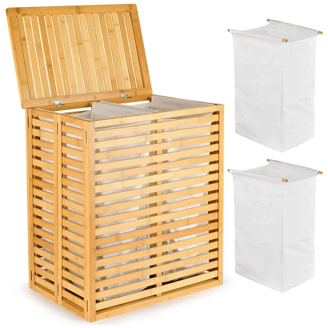 KTMBDW Bamboo Laundry Hamper with Lid,120L Large Clothes Laundry Sorter with Removable 2-Section Liner Bag for Clothing,Bathroom,Laundry Room,Natural