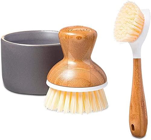 Full Circle Bubble Up Ceramic Soap Dispenser & Bamboo, Dish Brush + Dispenser with Kitchen Dish Brush, White