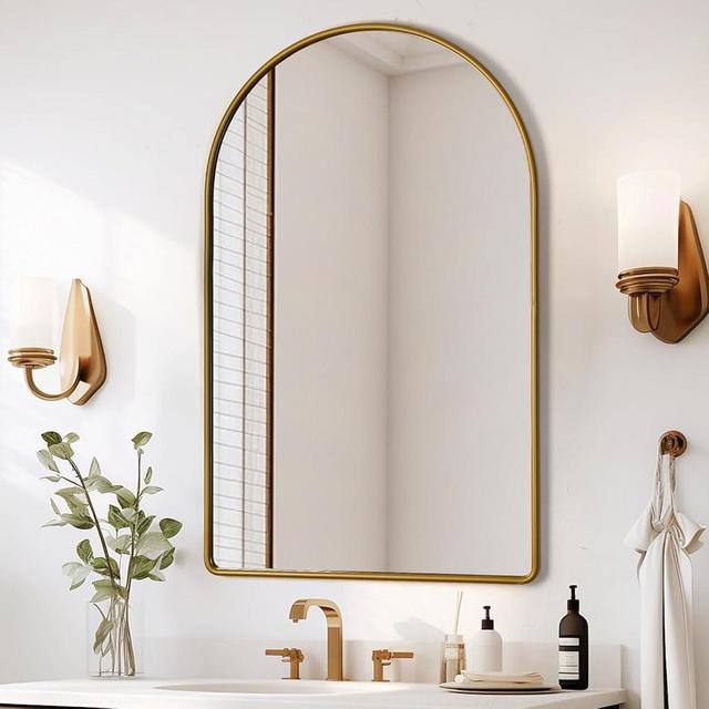 FFHOME Wall Mirrors Matte Gold Metal Frame Mirror,24 * 36inch Arched Bathroom Mirror,Wall Mirror with Seamless Frame,Bathroom Mirrors for Over Sink in Farmhouses, Bathrooms,Living Room
