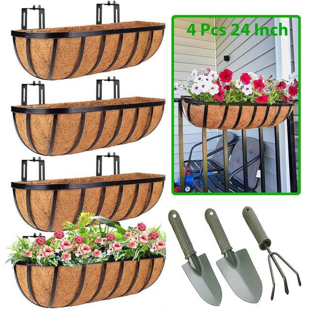 HKZ Deck Balcony Railing Planter Window Boxes - 4 Pack 24 Inch Planter Box, Balcony Planters Railing Hanging, Window Boxes Outdoor Fence Planters