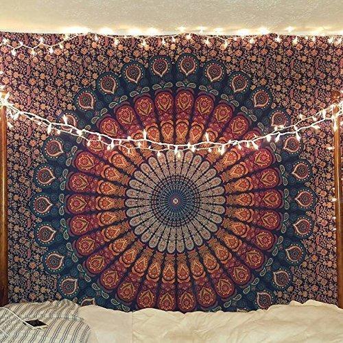 Bless International Indian Hippie Bohemian Psychedelic Peacock Mandala Wall Hanging Bedding Tapestry (Golden Blue, Queen(84x90Inches)(215x230Cms) Without String Light)