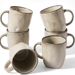 famiware Coffee Mugs Set of 6, Ocean Square 13oz Coffee Cup Set with Handle for Cocoa, Milk, Hot Chocolate, Tea, Water, Stoneware Cups for Kitchen, Microwave and Dishwasher Safe, Light khaki