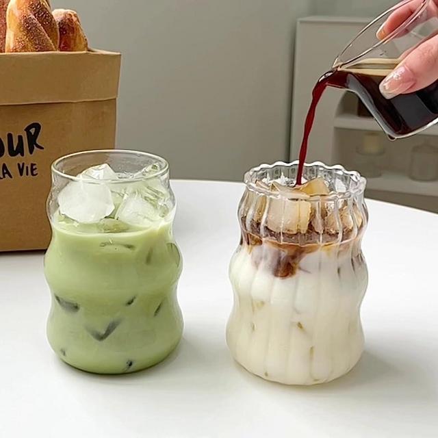 GUOJOZO 2 Pcs Ribbed Glass Cups 18 Oz Vintage Drinking Glassware Ripple Cocktail Glasses for Iced Coffee Juice Beverage Milk