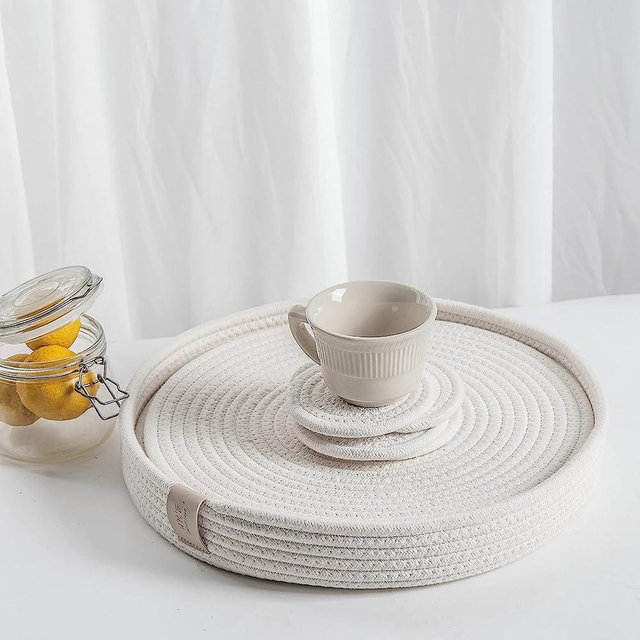 Art PineCone's Woven Cotton Rope Round Placemats Set of 4 with Holder Included, Non-Slip and Heat Resistant for Your Perfect Table Decor!(13" Plus Coaster,Off White)