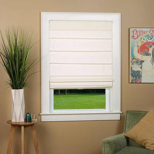 Cosmo Linen Style Room Darkening Thermal Backed Cordless Roman Shade for Windows, Size 34" W x 64" L - Color: Alabaster