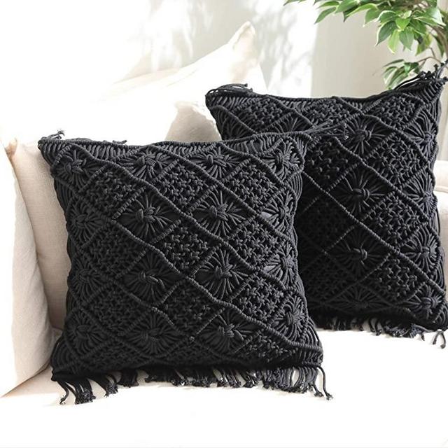 Throw Pillow Cases, Decorative Cushion Cover, Boho Woven Pillowcase for Home Party Office and Outdoor Decoration, Soft Woven Pillow Case with Tassels, Set of 2 Macrame Cushion Case (17"x17", Black)