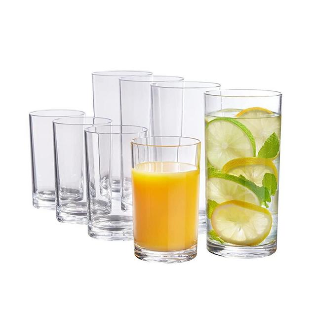 US Acrylic Classic 8 piece Premium Quality Plastic Tumblers in Clear | 4 each: 9 ounce Juice and 16 ounce Water Drinking Cups | Reusable, BPA-free, Made in the USA, Top-rack Dishwasher Safe