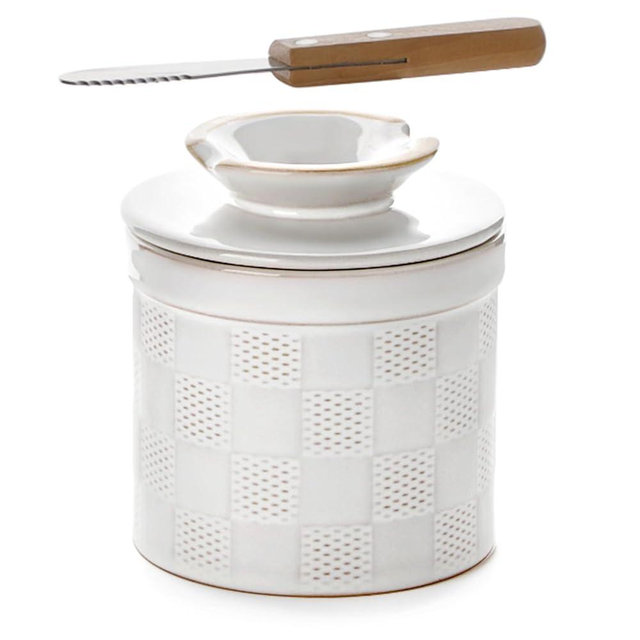 Nucookery Ceramic Butter Crock with Lid – Embossed French-Style Butter Keeper for Countertop, Water-Seal Design Keeps Butter Fresh & Spreadable | Farmhouse Kitchen & Housewarming Gift (Checkered)