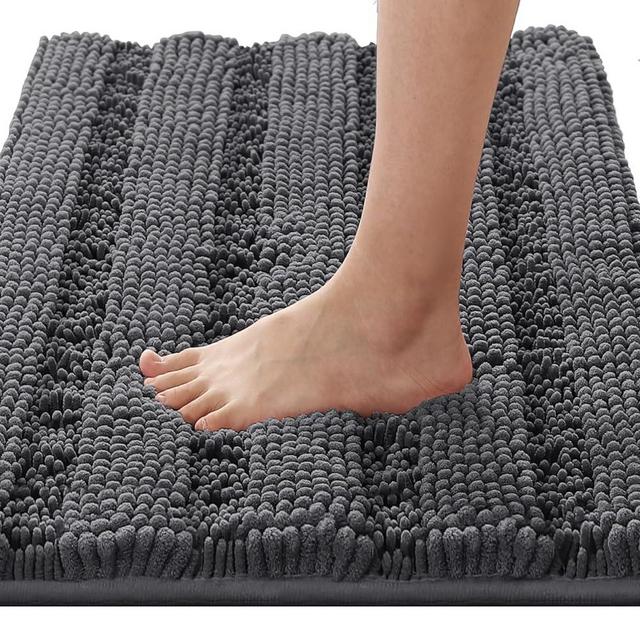 H.VERSAILTEX Bathroom Rugs Bath Rugs for Bathroom Non Slip Bath Mats Extra Thick Chenille Striped Rug 17" x 24" Absorbent Soft Shaggy Washable Dry Fast Bath Mats for Bathroom Floor - Grey