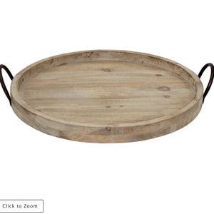 Round Wooden Tray with Metal Handles, 19.5"