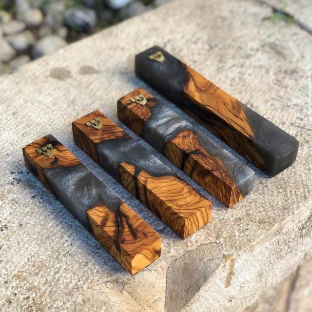 Olive Wood + Grey Mezuzah | Gold Shin