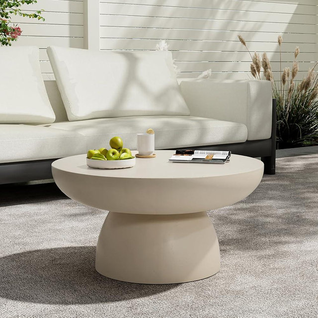 Christopher Knight Home Patsy Modern Lightweight Concrete Coffee Table, Indoor and Outdoor Round Top Accent Table, MGO Sofa End Table with Pedestal Base, No Assembly Needed, 27.5", Beige