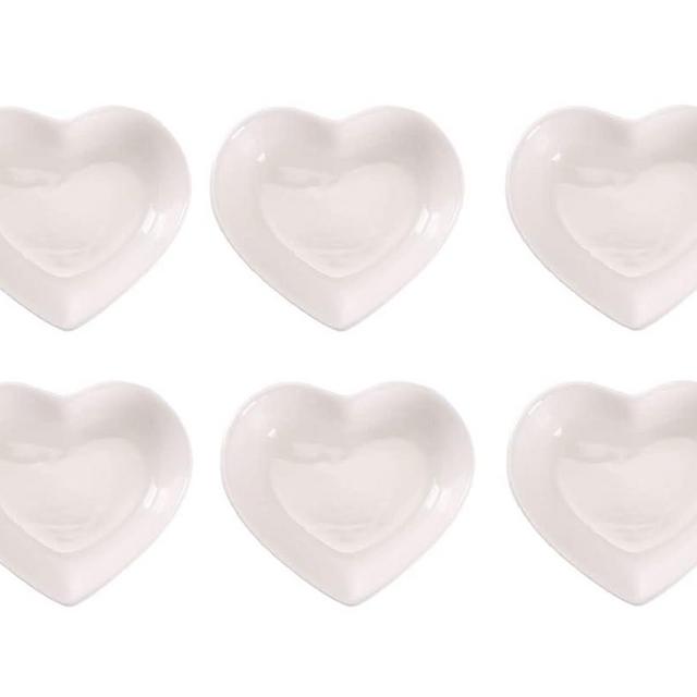 WHJY White Love Heart Shaped Ceramic Side Dish Bowl, Contemporary Porcelain Side Dishes Bowl, Seasoning Dishes Soy Dipping Sauce Dishes for Wedding Birthday Party- Set of 6