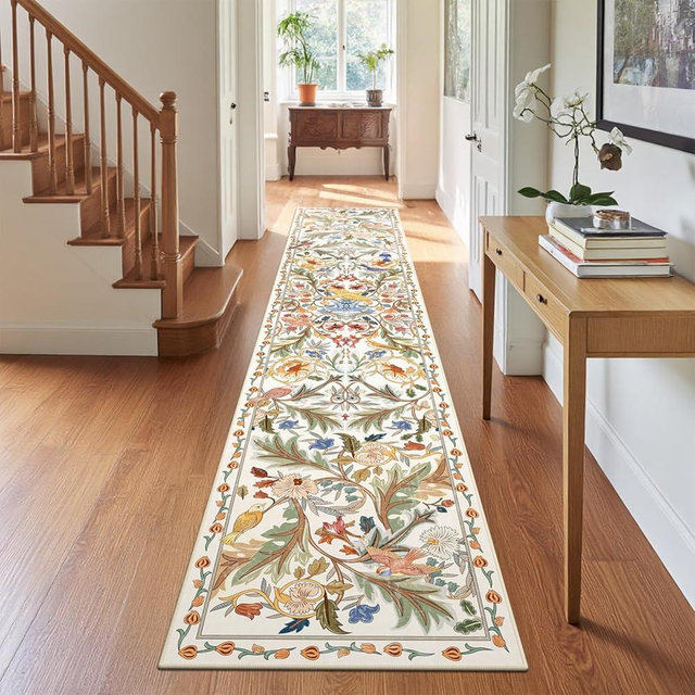 nesrt Boho Jungle Runner Rug for Hallway 2x10Ft, Non Slip Washable Long Bird Kitchen Runner Rugs, Soft Floral Forest Floor Carpets for Hall Entryway Laundry Bedroom Home Office Decor (White)