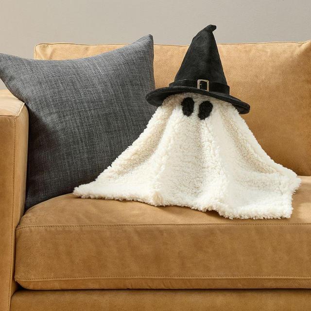 Little Gus The Ghost with Witch Hat Shaped Pillow, Ivory/Black, 20" x 12"