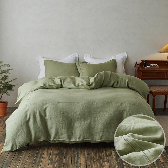 Simple&Opulence 100% Washed Linen Duvet Cover Set 104"x92" - 3 Pieces Soft Farmhouse Comforter Set Double Embroidered with Button Closure - 1 Duvet Cover and 2 Pillowshams (Sage Green, King)
