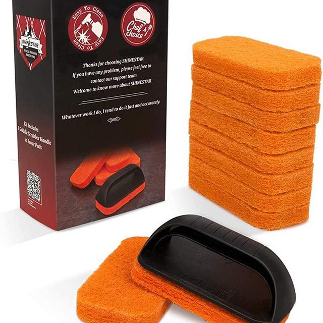 SHINESTAR 11 Piece Griddle Cleaning Kit, Quickly Cleaning for Blackstone Griddles and Grills, Cast Iron Cookware, Stovetops and More - 10 Scouring Pads and 1 Cleaning Handle