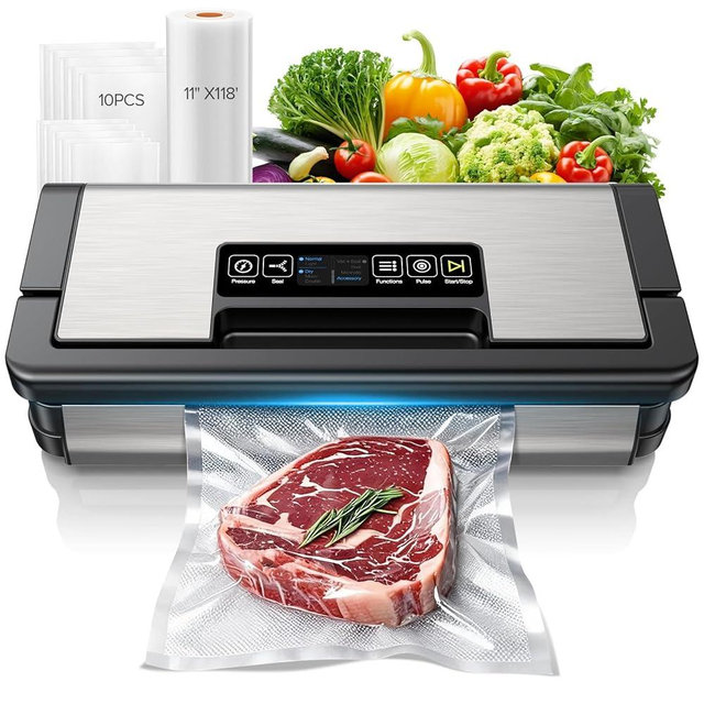 95kPa Vacuum Sealer Machine, Fully Automatic Food Sealer, Touch Display, 10-in-1 Functions & Powerful Sealing System with Double Heat Seal, Easy-Lock Handle, Built-in Cutter(Black)