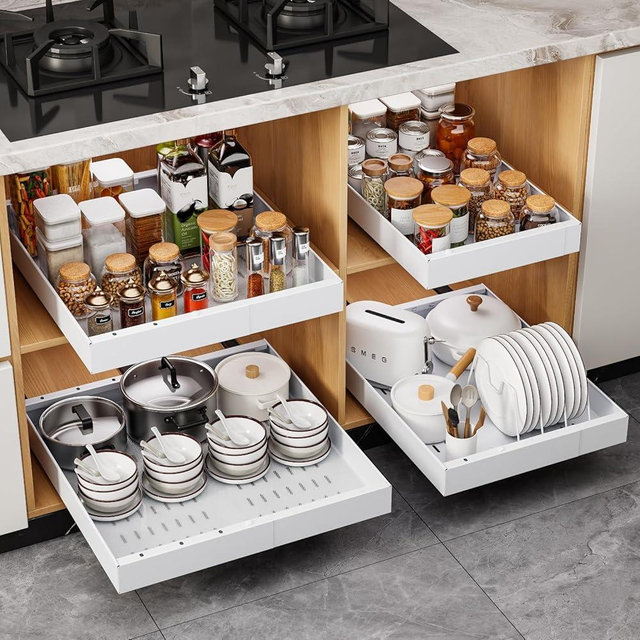 OneDream 4 Pack Pull Out Cabinet Organizer, 21" Deep Slide Out Drawers for Kitchen Cabinets, No Drill Adhesive Pull Out Drawers for Cabinets, Roll Out Shelves Adjustable Width 12.05"-20.4"
