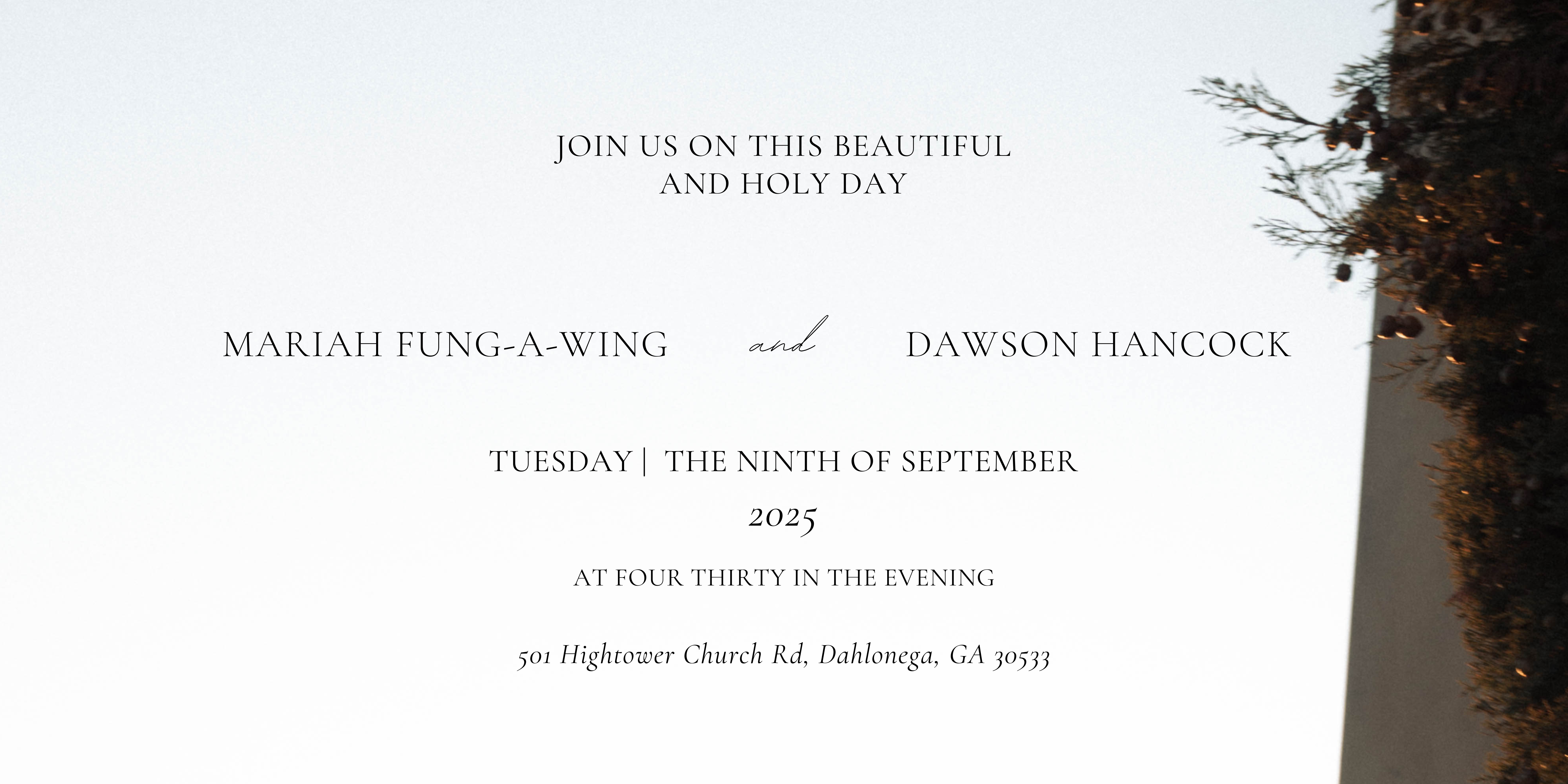 The Wedding Website of Dawson Hancock and Mariah Fung-A-Wing