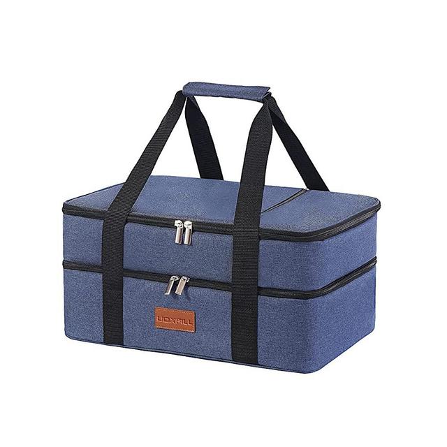 Lunch Bag Insulated Thermal Food Carrier Insulated Double Decker Casserole Carrier for Hot or Cold Food,Insulated Tote Bag for Potluck Cookouts Picnic,Lasagna Holder,Fits 9"x13" Baking Pan,Navy Blue