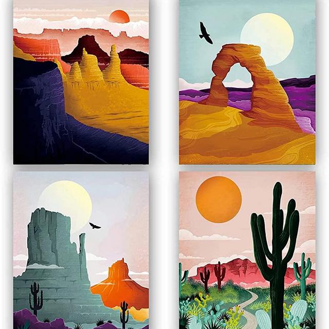 Desert landscape Art printing,National Parks Art Prints,National Park Poster ,Mountain Print Set Abstract Prints of Mountain Wall Art,Saguaro Poster For Home and Living Room Wall Art Decor Set of 4 (8”X 10” ， No Frame