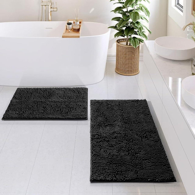 Hearth & Harbor Bathroom Rugs Sets 2 Piece, Chenille Bath Mat Set - Machine Washable Bath Mats for Bathroom Non-Slip Backing Rubber Quick Dry Bathroom Mat - Black Bath Rug, 17x24-20x32