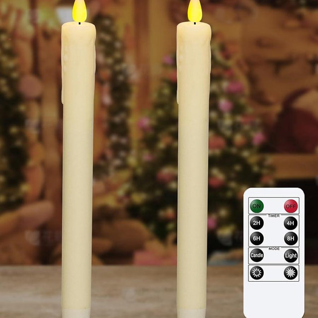KSWING Upgraded Real Wax LED Flameless Taper Candles with Remote, 2 PCS Ivory Dripping Candlesticks Battery Operated 3D Flickering - 9.6" Long Realistic Fake Candle Sticks for Home/Wedding/Xmas Decor