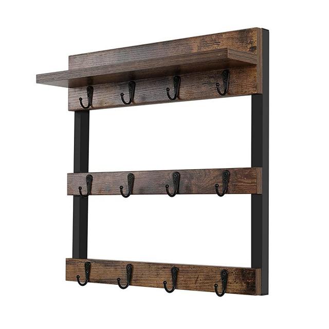 JAWNLITY Coffee Mug Rack, Wall Mounted Cup Shelf with 12 Hooks, Rustic Farmhouse Mug Holder with Display Shelf for Coffee Nook, Kitchen Storage