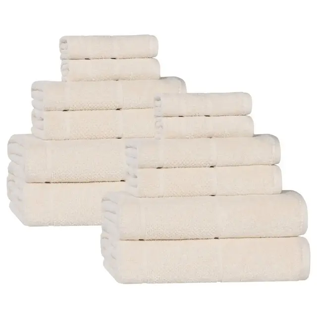 Smart Twist Viscose Cotton Blend Medium Weight Solid Thick Border 12 Piece Towel Set, Ivory - Blue Nile Mills
