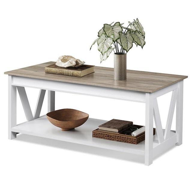 WLIVE Farmhouse Coffee Table,Living Room Table with Storage,43 in Wood Center Table with V-Shaped Frame for Home Office,Apartment,White and Grey