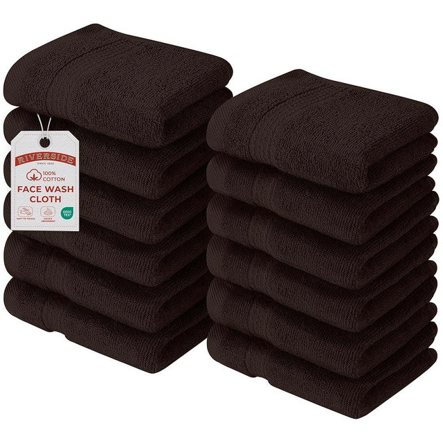 RIVERSIDE 12 Pack Premium 100% Cotton Face Wash Cloths, 12 x 12 Inches, Soft & Absorbent Face Towels for Bathroom Wash Clothes, 550 GSM, Luxury WashCloths for Showering, Body, Spa & Gym, Brown