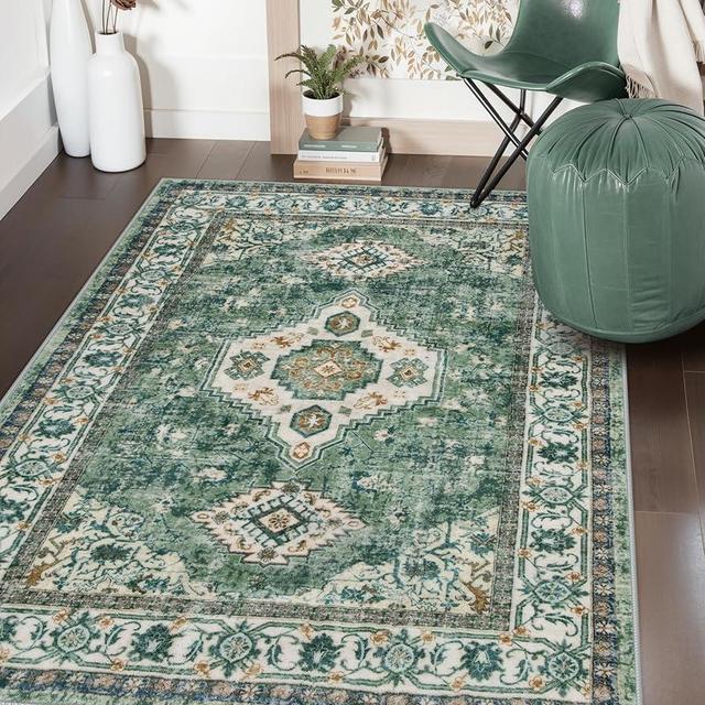 Lahome Oriental Machine Washable Rug, 3x5 Soft Green Rugs for Entryway Dorm, Non Slip Distressed Vintage Throw Carpet for Bedroom Living Room Entrance, Green/Multi