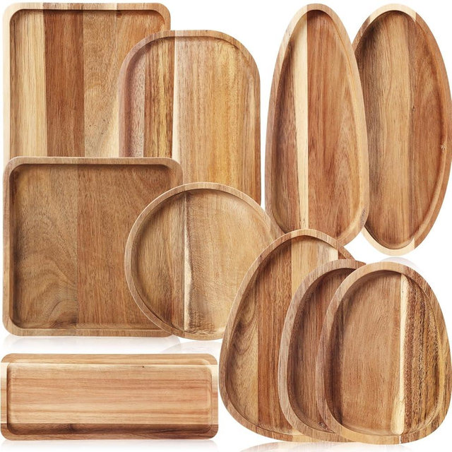 Willinglong 10 Pcs Acacia Wooden Plates Different Shapes Wooden Serving Platter Wooden Dishes for Snacks, Desserts, Fruit, Salads Decorative Wooden Charger Plates Trays Serving Board Housewarming Gift